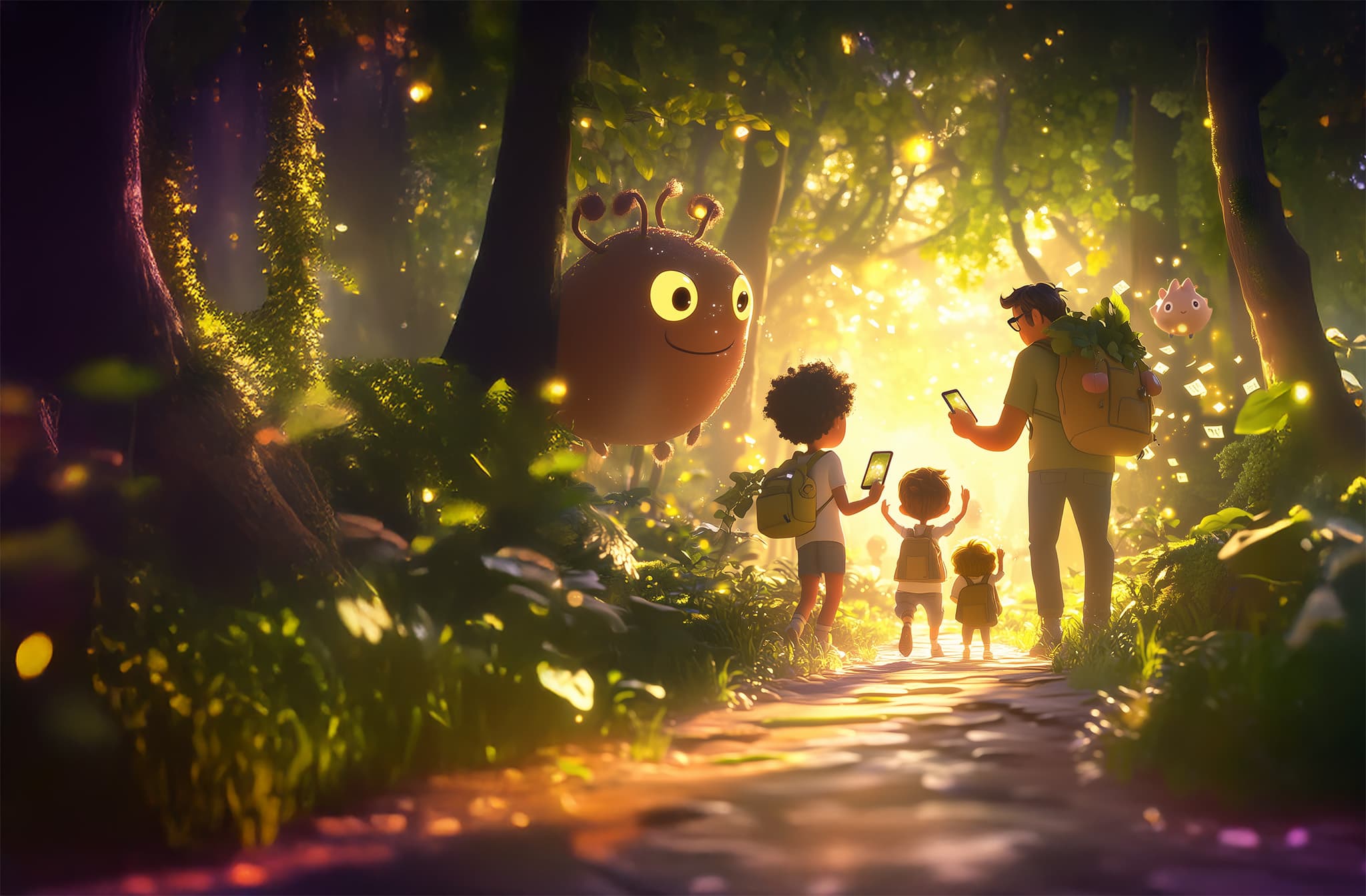 A joyful family walks down a sunlit forest path, with the parents holding glowing smartphones that cast a magical light on everyone's smiling faces. Around them, friendly cartoon creatures with big eyes and soft features peek from behind trees and float nearby. Sunbeams stream through the trees, illuminating the woodland with a warm, magical atmosphere. The scene feels playful, safe, and full of wonder—like stepping into a storybook adventure.