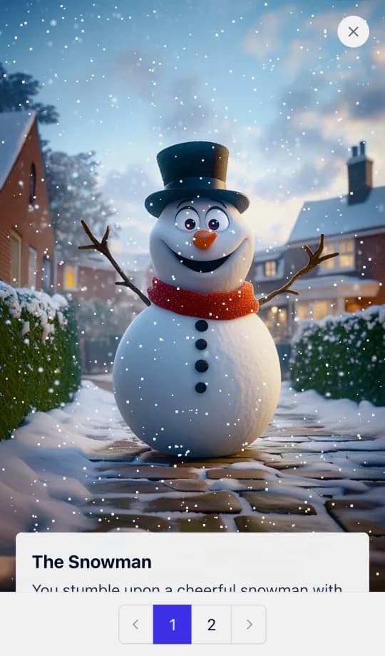 Frosty McJolly, a grinning snowman in a top hat and red scarf, standing on a snowy path.