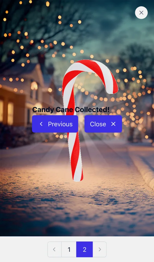 A big red and white candy cane over a twinkly street, with the words "Candy Cane Collected!".